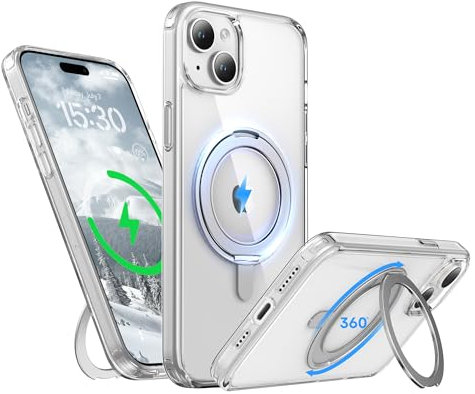 Niunisi Stand for iPhone 15 Plus Case, [Compatible with Mag Safe] 360° Rotatable Ring Holder Kickstand Military Shockproof Protective Case for iPhone 15 Plus 6.7 Inch, Clear