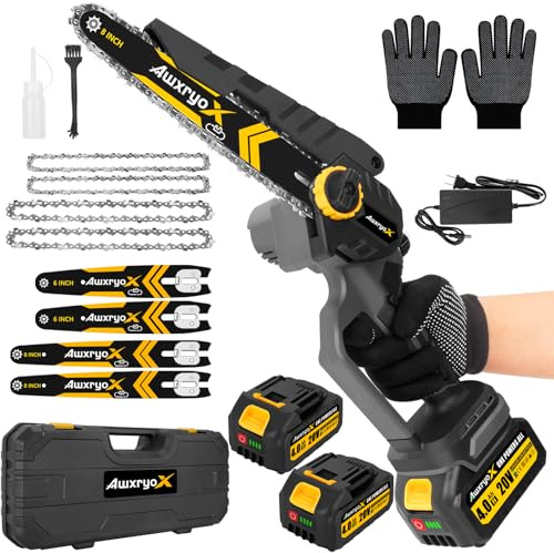 AwxryoX Mini tronçonneuse sans fil 20,3 cm et 15,2 cm, 2 x 4,0 Ah alimentée par batterie avec 4 guides de chaîne, petite scie électrique portable pour tailler les arbres et couper le bois/papa