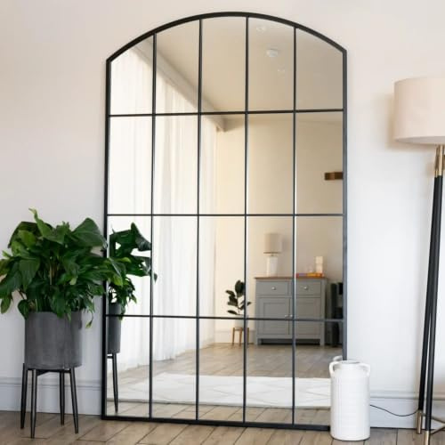 Jobu | Full Length Black Metal Arched Lattice Window Mirror - 180cm x 105cm | Tomi