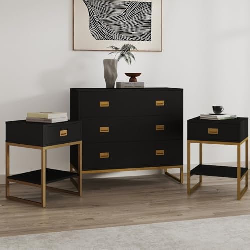 Melody Maison Large 3 Drawer Chest of Drawers and Pair of Bedside Tables - Elle Black Range