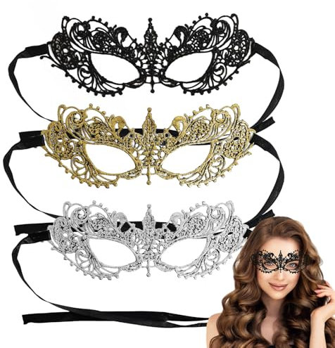 Masquerade Mask for Women 3Pcs Lace Party Half Face Masquerade Ball Mask, Luxury Gold Black Silver Gold Costume Masquerade Masks for Prom Halloween Christmas Graduate Carnival Party Girl Ladies