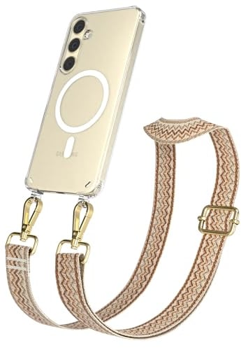 EAZY CASE Handykette - Verstellbares Taschenband kompatibel mit Galaxy S24 Plus, Schulterriemen, Handykordel mit Silikon Hülle, Qi Charging kompatibel, Umhängetasche, Wellen - Beige Braun Metall Gold