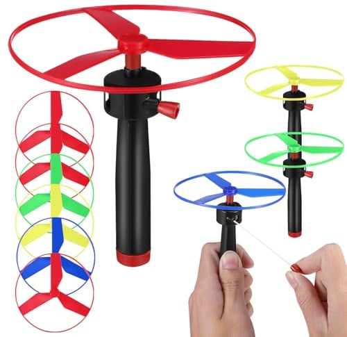 VICASKY Jouet d'hélice pour enfants - Hélicoptère - Toupie volante - Jouet d'hélicoptère - Avec 3 poignées et 6 disques d'hélice colorés - Lance-soucoupe