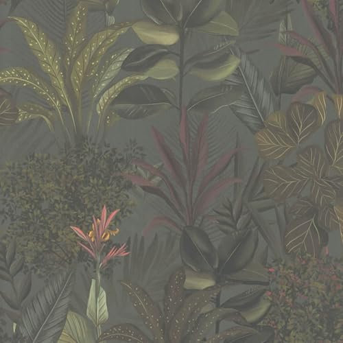 Flowers wallcovering Wall Profhome 394332-GU hot Embossed Non-Woven Wallpaper Slightly Textured with Jungle Elements matt Green Claret Violet Olive Grey 5.33 m2