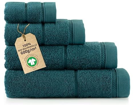 ZWOLTEX - Premium Handtücher Set Türkis [ 650 g/m²], 100% Bio Baumwolle GOTS Zertifizert, ÖKO-TEX, 4er Set (30x50, 50x100, 70x140, 100x150 cm), Ultra Weich & Saugfähig - Queen Collection