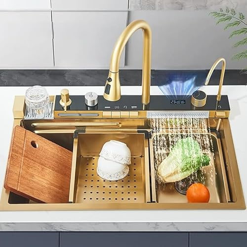 Küchenspüle mit Seifenspender aus Edelstahl mit Wasserhahn, Becherspüler, großer Einzelschüssel mit Wasserfall- Sprinkler und Regenfunktion, 4-Funktionen System, Spülbecken Spüle Golden 75x46cm