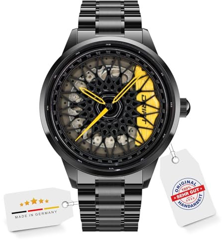 DriftElement Racing Automatic Rim Watch – Motorsport-inspirierte Automatikuhr mit einzigartigem Felgendesign (Gelb)