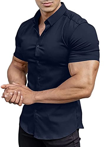 Mens Shirts Short Sleeve Muscle Fit Dress Shirts Tops Business Casual Button Down Solid Navy Blue Shirt L
