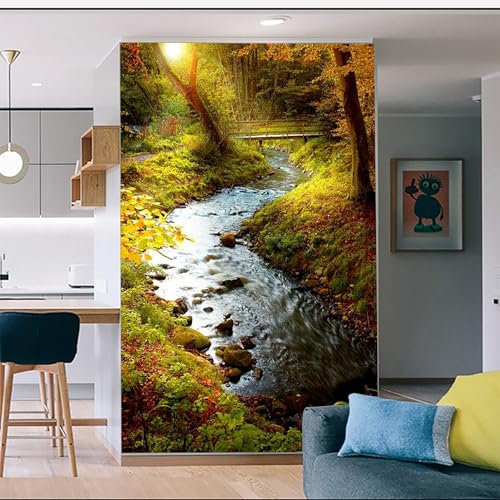 Sunlit Autumn Forest Stream with Wooden Bridge - Custom Size Wall Murals Removable Large Photo Wallpaper for Living Room, Bedroom,Office,Self-Adhesive Wallcovering,No PVC