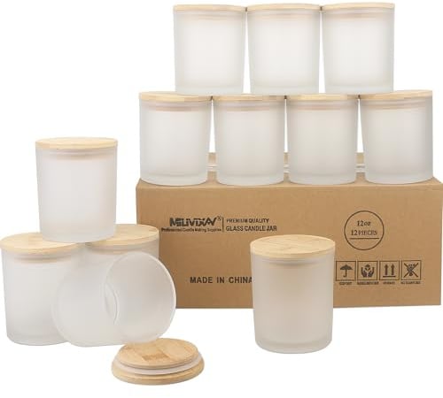 MILIVIXAY Lot de 12 pots à bougies vides en verre épais blanc givré de 340 g avec couvercles pour la fabrication de bougies – Conteneurs à épices, poudre