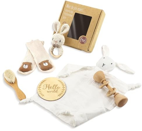 Neugeborenes Geschenk, 6-teilige Babygeschenkset-Mädchen-Set, Girl Girl Boy für Neugeborene, gewebte Glocke, Socken, Pinsel, Holzmeilenstein, Geschenkverpackung (Beige)