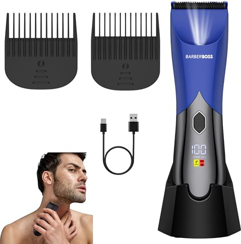 BarberBoss Men’s Groin & Body Hair Trimmer, Waterproof Pubic Hair Shaver for Men, Ceramic Blades, Dual Speed, LED Display & Charging Dock, Blue
