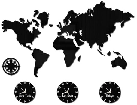 Generico Grande orologio da parete con mappa del mondo - Orologio nero personalizzato con fuso orario per la decorazione della casa - New York, Londra, Tokyo