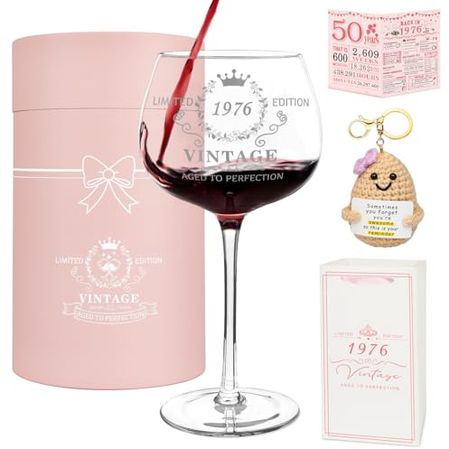 50th Birthday Gifts for Women, Vintage 1976 Platinum Print Wine Glass | Happy 50 Year Old Gift Ideas: 16Oz Wine Glass, Greeting Card, Keychain, 50th Birthday Decorations for Her, Wife, Friends