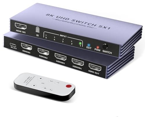 8K HDMI Splitter 4K 240Hz HDMI Switch 5 in 1 Out - 5 Port Switcher mit Fernbedienung 8K@60Hz 4K @ 240Hz HDR10+ HDMI2.1 3D CEC HDR HDCP2.3, verwendet für PS5/4/3 Xbox DVD Player Nintendo Roku PC Fire
