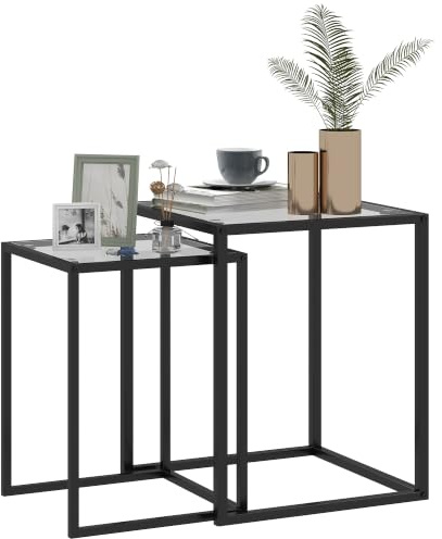 HOMCOM 2er Set Beistelltisch Stapelbar Modern mit Stahlbeinen Schwarz | Nachttisch, Couchtisch, Tischplatte aus Verstärktem Glas, Wohnzimmertisch, Kaffeetisch, Modernes Design