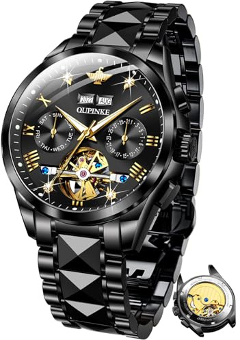 OUPINKE Herrenuhren Automatik Mechanisch Selbstaufzug Skelett Luxus Saphirkristall Diamant Wolframstahl Wasserdicht Business Kleid Uhren Geschenke