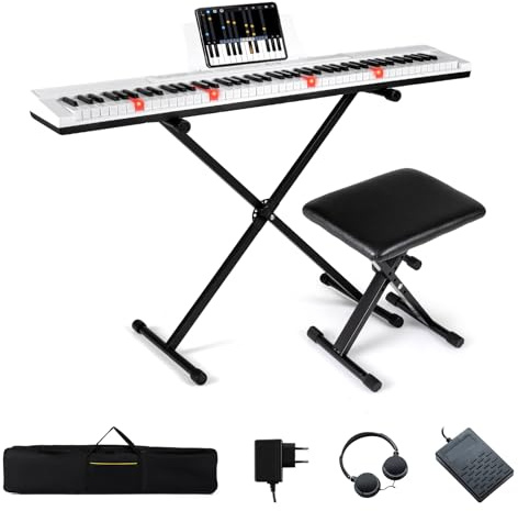 COSTWAY Teclado de Piano 88 Teclas, Piano Electrico con Soporte Ajustable y Taburete, Teclado Musical de Tamaño Completo, Teclas Iluminadas, Función MIDI, Pedal para Principiantes, Adultos (Blanco)