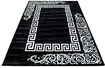 KADIMA DESIGN Moderner Teppich Mäander-Ornament Klassisch Pflegeleicht Zeitlos Waschbar Strapazierfähig Robust Schwarz 140x200 cm Esszimmer Wohnzimmer Fußbodenheizung geeignet Oeko-TEX | Aspen