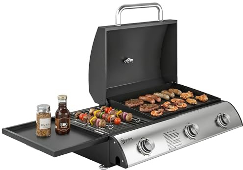 Outsunny Barbecue à Gaz de Table 3 Brûleurs - Combiné Gril et Plancha avec Couvercle et Thermomètre - 7,5 kW Portable pour Camping Balcon Terrasse - Surface de Cuisson 2224 cm², Noir