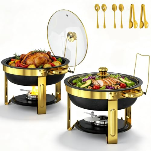 EffiQ-Rate 2 Pack 5QT Black Maifanite-Coated Round Chafing Dish Buffet Set | Clear Glass Lid, Complete Set with Utensils, Stainless Steel, Maintain Temperature, for Dinners, Parties, Family Gathering