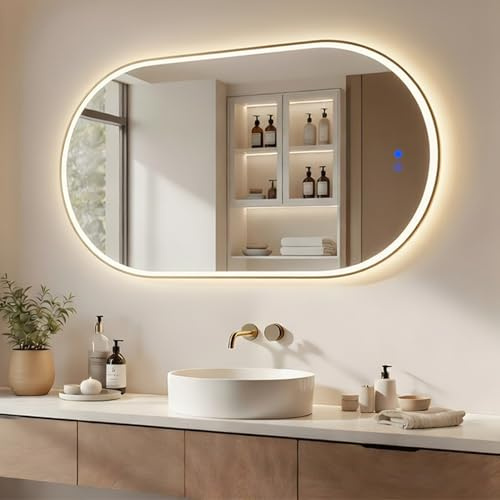 Artforma Badspiegel LED oval 50x80 cm - Badezimmerspiegel mit Beleuchtung | Anti-Beschlag | Touch-Schalter | beleuchteter Wandspiegel für Bad - gebürstetes Gold