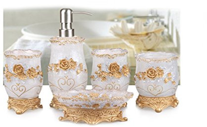 Yiyida 5tlg Badset Badezimmer Zubehör Set Harz Luxuriöses Barock Blume Seifenspender Halter Wc BüRste Badgarnitur