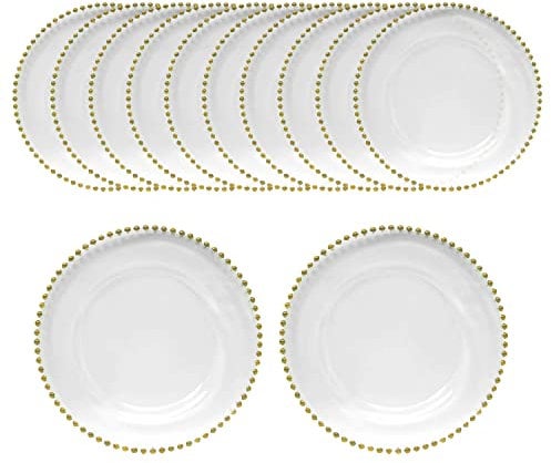 WedDecor Round Charger Plates Centerpiece Clear Glass with Beads Presentation Plate Set Dinner Table Decorations Weddings Banquets Christmas Dining Parties Tableware, 33cm, 12pcs