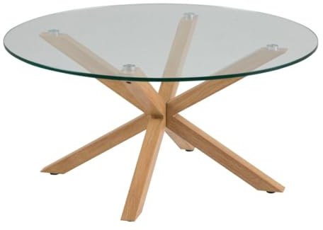 AC Design Furniture Heather Mesa Redonda en Vidrio Transparente y Apariencia de Madera de Metal, Al: 40 x An: 82 x Pr: 82 cm, 1 pieza