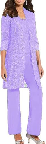 Leader of the Beauty Traje de 3 piezas para madre de la novia, traje de gasa de encaje para invitada de boda con chaqueta para mujer, Lila, 42