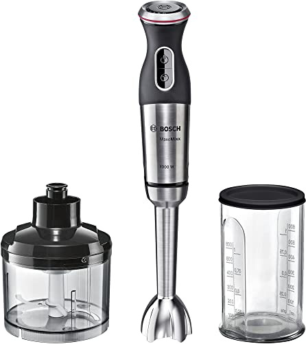 Bosch Stabmixer MaxoMixx MS8CM6120, Edelstahl-Mixfuß, Mix- und Messbecher, Universalzerkleinerer, 4-Klingen-Messer, Edelstahlgehäuse, 12 Stufen plus Turbostufe, 1000 W, Edelstahl, Silber