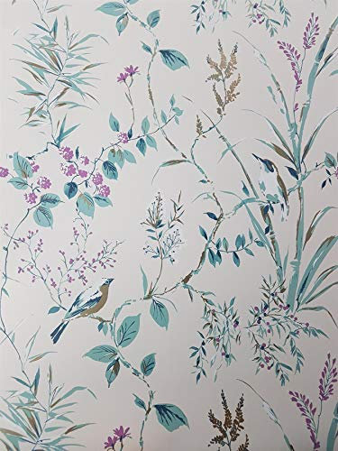 Floral Birds Wallpaper Teal Plum Gold Metallic Flower Shimmer YöL Mariko