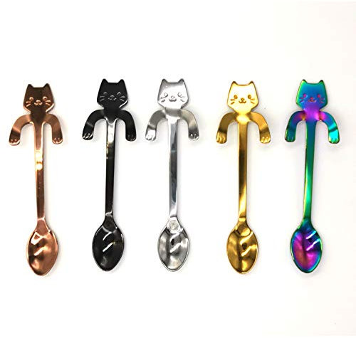 LEZED Cuchara de Café Cat en Acero Inoxidable Cucharillas Cuchara Forma de Gato Gato Cuchara de café Colgante, para café, postres, Bebidas, Mezclar o Batidos 5 Piezas
