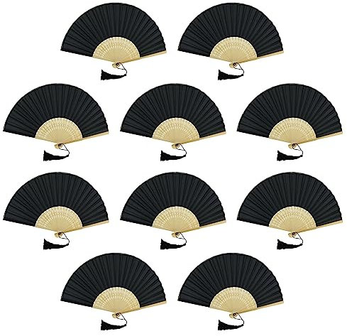 FANSOF.FANS Pack of 10 Silk Fabric Fan with a Tassel Grade A Bamboo Ribs Wedding Party Favour Handheld Fan (Black)