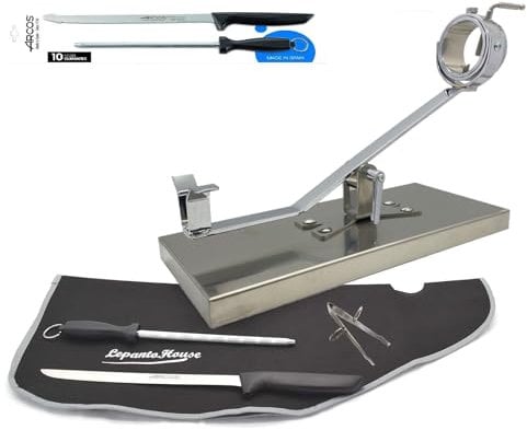 LEPANTO LepantoHouse Soporte Jamonero Future Basculante Giratorio Base Inoxidable para Jamones y Paletillas + Cuchillo Arcos Niza + CHAIRA + Cubre Jamon + Pinza (Inoxidable)