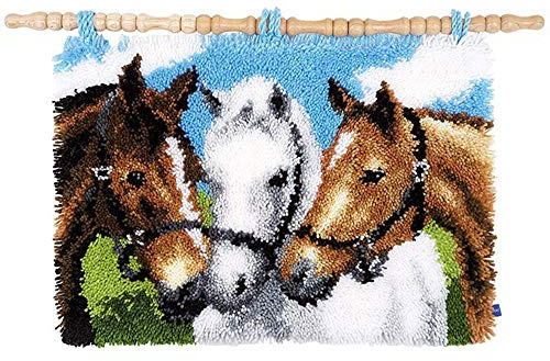DL-YTG Latch Hook Kits Rug Three Horses Crochet Yarn Cushion Colour Pre-Printed Canvas Cover Rug Needlework DIY Hook and Latch Kit Home Decoration 52x38cm/20 X15 inch