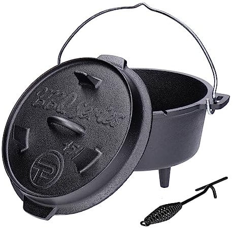 Premium Dutch Oven aus Gusseisen GDO45P (ca. 4,5 Liter) | Füße an Topf und Deckel | Thermometerdurchführung | inkl. Deckelheber | Verschiedene Größen | bereits eingebrannt (preseasoned)
