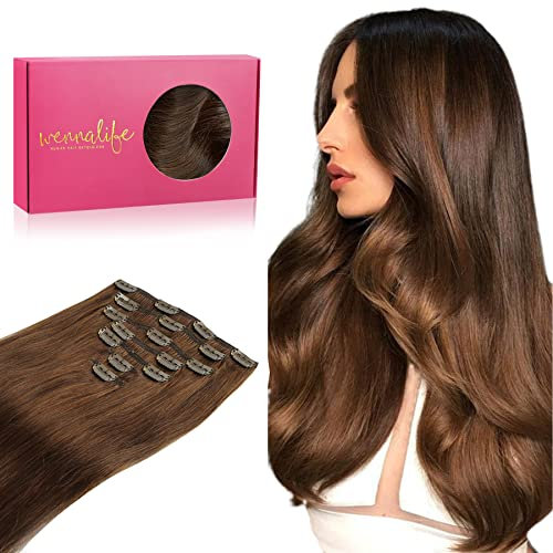 WENNALIFE Extensiones Clip Pelo Natural, 50cm 120g 7 Piezas, Castaño Chocolate Extensiones de Clip Natural Extensiones Pelo Remy Extensiones Cabello Postizos Mujer