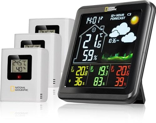 National Geographic 9070710 Wetterstation Funk mit Aussensensor VA Farb-Wetterstation mit 4 Messbereichen für Innen oder Außen, schwarz
