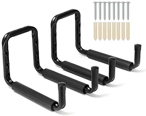 HOME COMPOSER Garage Schwerlasthaken Gummiert Schwarz, 2er Set Wandhaken Fahrradaufhängen Stahl 250 mm Wandmontage, 40 kg Belastbare Wandhalterung für Leiter, Schaufel, Werkzeug, Sportgeräte