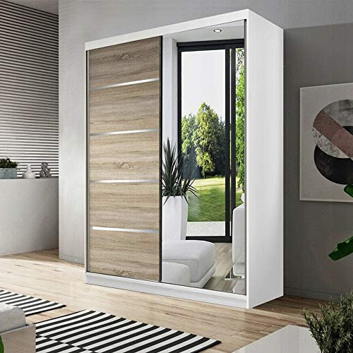 Modern Sliding Door Wardrobe with Built in Mirror for Bedroom or Living Room (120cm Wide) - Matt White & Sonoma Oak Brown