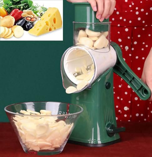 ABHILWY Rotary Cheese Grater Vegetable Slicer with Stainless Steel Drum Blades for kitchen, 5 in 1 Manual Round Mandoline Julienne Shredder Potato Grinder for Fruit, Nuts, Cheese, Onion Green