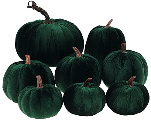 Gresorth 8 Stück Sortiert Gefälscht Handgefertigt Grün Samt Kürbisse Künstlich Herbsternte Halloween Dekoration Heim Bauernhaus