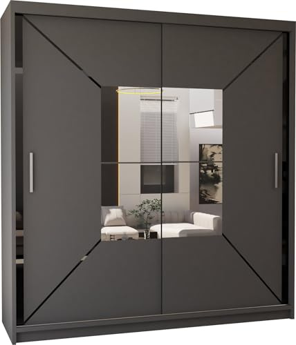 MN Furniture Modern Double Sliding Door Wardrobe 2 Mirrored Hanging Rails & Shelves Storage Cabinet for Bedroom (203cm, Nicole Grey)