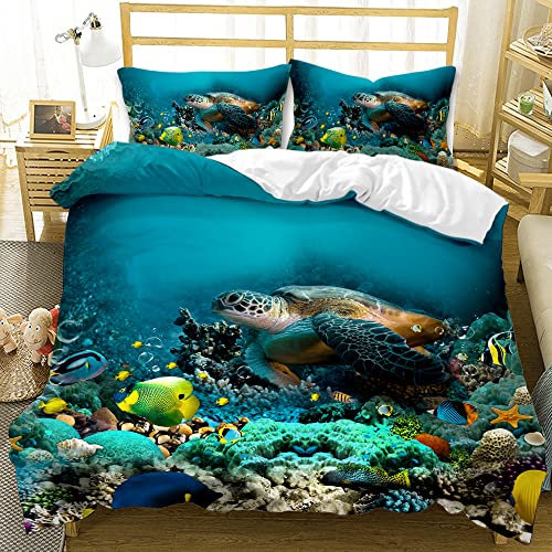 AOXHFNV Bettwäsche Meeresschildkröten 135×200cm Blaue Unterwasserweltthemastarfish kleine Fische und korallenroter Musterbettbezug für Kinder Junge Mädchen (Meeresschildkröte)