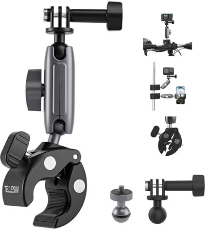 TELESIN Supporto per Moto/Bicicletta per GoPro, Supporto per DJI Osmo Action 5 Pro 4 3 Osmo Pocket 3 GoPro Hero 13 12 11 10 9 8 Insta360 X3 X4, Con testa a sfera doppia a 360° e adattatore da 1/4-20mm
