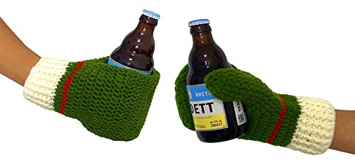 Gestrickte genähte Bierhandschuhe Getränkehalter für weißen Elefanten Gag Geschenk Tailgating Idee Trinken Bier Outdoor im Winter, Grün / ein Paar, Eine Größe passt meistens