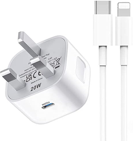 iPhone Charger Cable and Plug, 20W USB C Plug and Cable for iPhone, USB Type-C Adapter Plug UK Fast Charging Lead 1M and Plug for Apple iPhone 14 Pro/13 Pro/13 Pro Max/12 Pro/12 Pro Max/X/XR/XS/SE