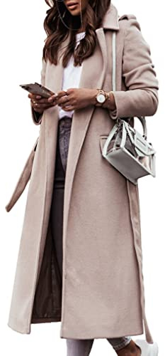 Kaerm Damen Wollmantel Trenchcoat Langer Herbst Winter Mantel Jacke Slim Fit Schlanker Elegante Rever mit Gürtel Overcoat Einfarbig Warme Wintermantel