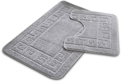 VELVETIO Bath Mat Set 2 Piece Machine Washable for Bathroom, Jacquard Greek Non Slip Quick Dry Shower Rugs & Bathtub Mats, Highly Water Absorbent 100% Polypropylene Toilet Rug Sets, Silver